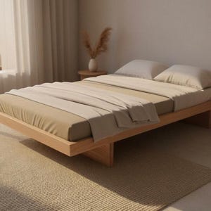 Könnte beinhalten: Ein minimalistisches Plattformbett mit hellem Holzrahmen und neutralfarbener Matratze und Bettwäsche. Das Bett ist niedrig und hat ein schlichtes, modernes Design. Der Raum hat eine neutrale Farbpalette mit einem Teppich und Vorhängen.