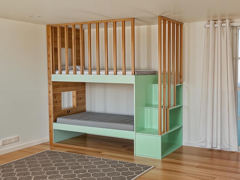 Step-by-step DIY plan for a minimalist built-in bunk bed for twin-size mattresses (38"x75" & 90x200 cm). Includes printable PDF woodworking instructions, cut list, and tools needed. Beginner-friendly digital file for modern furniture building.