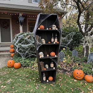 May include: A tall, black, coffin-shaped wooden bookshelf decorated with artificial spiderwebs, containing various human skull replicas, vintage-style glass bottles, and old books on its five shelves, displayed outdoors on a lawn.