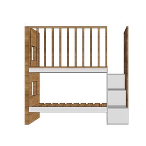 Step-by-step DIY plan for a minimalist built-in bunk bed for twin-size mattresses (38"x75" & 90x200 cm). Includes printable PDF woodworking instructions, cut list, and tools needed. Beginner-friendly digital file for modern furniture building.