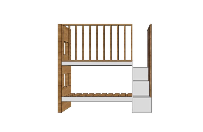Step-by-step DIY plan for a minimalist built-in bunk bed for twin-size mattresses (38"x75" & 90x200 cm). Includes printable PDF woodworking instructions, cut list, and tools needed. Beginner-friendly digital file for modern furniture building.