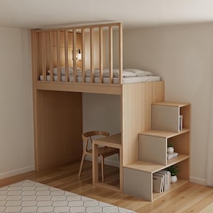 Loft Bed with Desk Plan – Twin Loft Bed Building Plans (Instant Download, Imperial and Metric) – DIY Blueprint, Modern Loft Bunk Bed Design