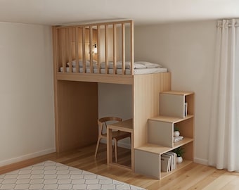 Hochbett mit Schreibtisch Grundriss – zwei Hochbett-Gebäudepläne (Sofortdownload, Imperial und metrisch) – DIY Blueprint, modernes Loft-Etagenbett-Design