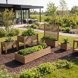 Puede incluir: Un conjunto de jardineras de madera y un banco de trabajo en un jardín. Las jardineras, llenas de plantas verdes, son de varios tamaños y formas. El banco contiene macetas de terracota y herramientas de jardinería.
