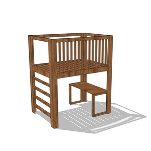 Front view of wooden loft bed with built-in desk, clean line modern design, adjustable for 8 foot ceilings, optional wall mounting for extra stability