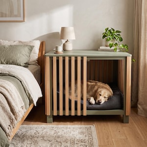 Puede incluir: Una mesa auxiliar tipo jaula para perros en madera verde salvia con listones verticales de madera clara y puerta corredera. Dentro, un perro dorado descansa sobre un cojín gris oscuro. Una lámpara beige y una planta están encima.