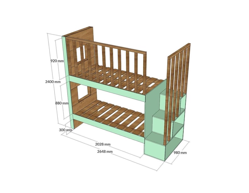Step-by-step DIY plan for a minimalist built-in bunk bed for twin-size mattresses (38"x75" & 90x200 cm). Includes printable PDF woodworking instructions, cut list, and tools needed. Beginner-friendly digital file for modern furniture building.