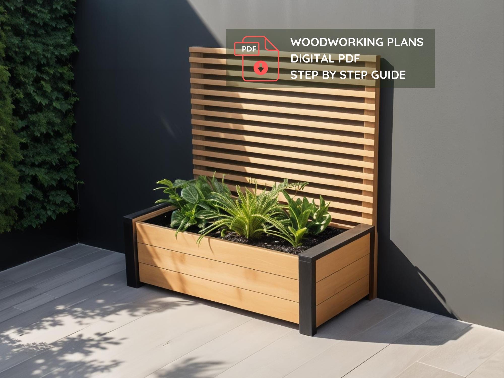 DIY Plan für den modernen Outdoor Blumenkasten / Pflanzkasten mit Rankgitter und Windschutz PDF