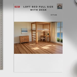 Loft bed over desk setup for teen bedroom or home office, wood frame with side ladder, built from affordable lumber under $400 in materials