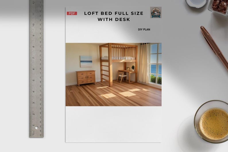 Loft bed over desk setup for teen bedroom or home office, wood frame with side ladder, built from affordable lumber under $400 in materials