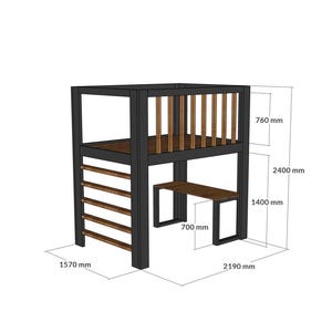 Full loft bed with desk dimensions in metric, 140x200 cm wooden bed frame plan, suitable for standard European mattress size