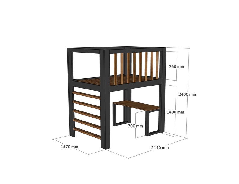 Full loft bed with desk dimensions in metric, 140x200 cm wooden bed frame plan, suitable for standard European mattress size