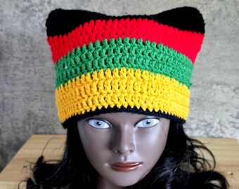 Crochet Cat Ear Beanie: African Colors, Afrocentric Pride