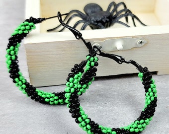 Halloween Seed Bead Hoop Earrings: Spooky Green & Black Boho Jewelry