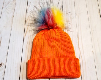 Orange Knit Classic Cuff Beanie, Solid Fall Winter Beanie, Unisex Birthday Gifts for Her, Faux Fur Pompom Beanie, Adult Unisex Warm Hat