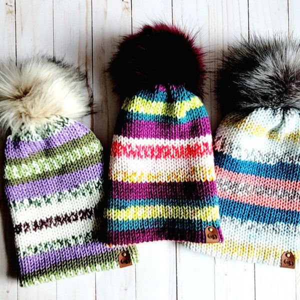 Girl Pompom  Knit Beanie, Unicorn Pompom Rainbow Beanie, Hat for Her, Fall Gifts for Her, Colorful Knit Ski Hat, Faux Fur Pompoms
