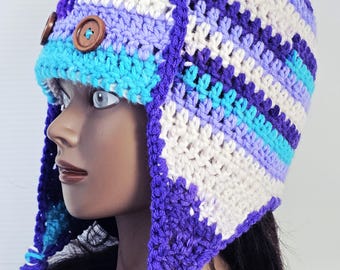 Handmade Crocheted Trapper Hat, Purple Blue Winter Beanie