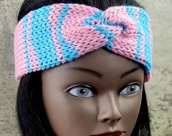 Handmade Pink & Blue Knit Twisted Headband: Double Layer Ear Warmer