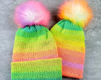 Matching Knit Beanie Set: Rainbow Slouchy Hats with Pom Pom