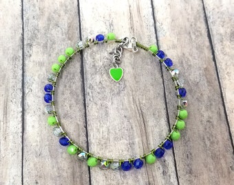 Blue & Lime Green Beaded Memory Wire Bangle: Bohemian Style