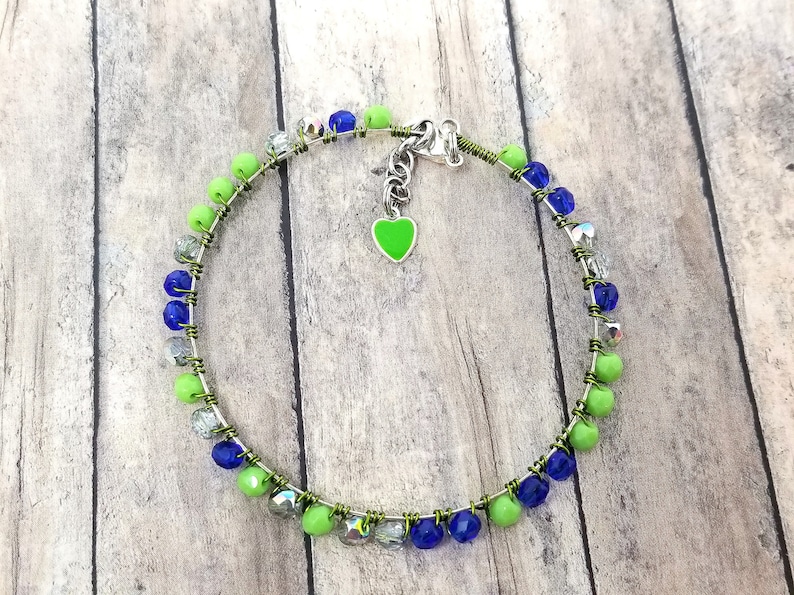 Dainty Blue Green Beaded Bracelet for Her Birthday Lime Green Bohemian Bracelet Blue Green Minimalist Memory Wire Beaded Bangle for Her