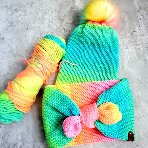 Bright Pastel Rainbow Unicorn Earwarmer,  TikTok Inspired Beanie Winter Hat, Rainbow Knit Pom Pom Hat,