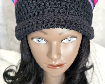 Crochet Cat Ear Beanie: Black with Rainbow Ears