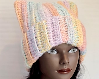 Crochet Pastel Cat Ear Beanies, Pastel Rainbow Kitty Hat