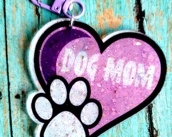 Purple Dog Mom Paw Print Keychain Bag Charm, Glitter Dog Paw Print Zipper Pull, Dog Mom Gift, Dog Lover Gift, Animal Lover Bag Charm
