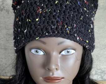 Black Rainbow Tweed Cat Ear Beanie: Hand-Crocheted Witchy Hat