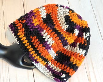 Colorful Fall Autumn Crocheted Skull Cap Beanie: Bold Orange, Gray, Purple, Black Beanie