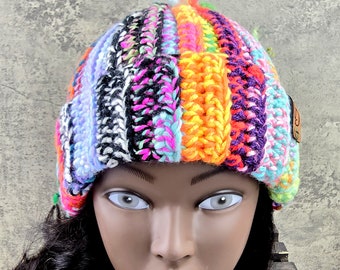 OOAK Scrap Yarn Hats, Rainbow Scrap Yarn Beanie, Colorful Knit Beanies, Happy Scrap Beanie, His Her Stocking Stuffers, Ski Lover Gifts