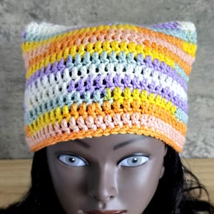 Pastel Rainbow Cat Ear Beanie, Crochet Kawaii Hat, Soft Girl Aesthetic, Handmade Cute Winter Hat, Kawaii Gift for Her or Teen
