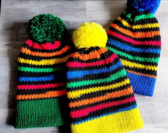 Rainbow Knit Beanie, Kids Multicolor Beanie Winter Hat, Ski Hat for Kids, Adult Rainbow Beanie, Blue Yellow Pink Knit PomPom Hat