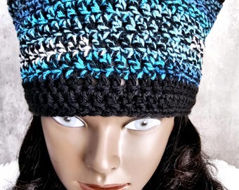 Crochet Cat Ear Beanie: Blue, Black & Teal Acrylic Hat