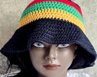 Hand Crocheted Cotton Bucket Hat: Black Red Gold Green Stripes, Unisex Summer Wear