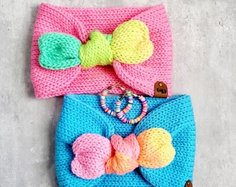 Pink Blue Rainbow Twisted Knit Earwarmer Headband, Messy Bun Earwarmer, Winter Gifts for Girls Teen Women, Messy Hair Earwarmer