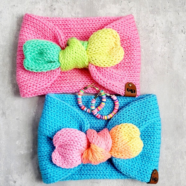 Pink Blue Rainbow Twisted Knit Earwarmer Headband, Messy Bun Earwarmer, Winter Gifts for Girls Teen Women, Messy Hair Earwarmer