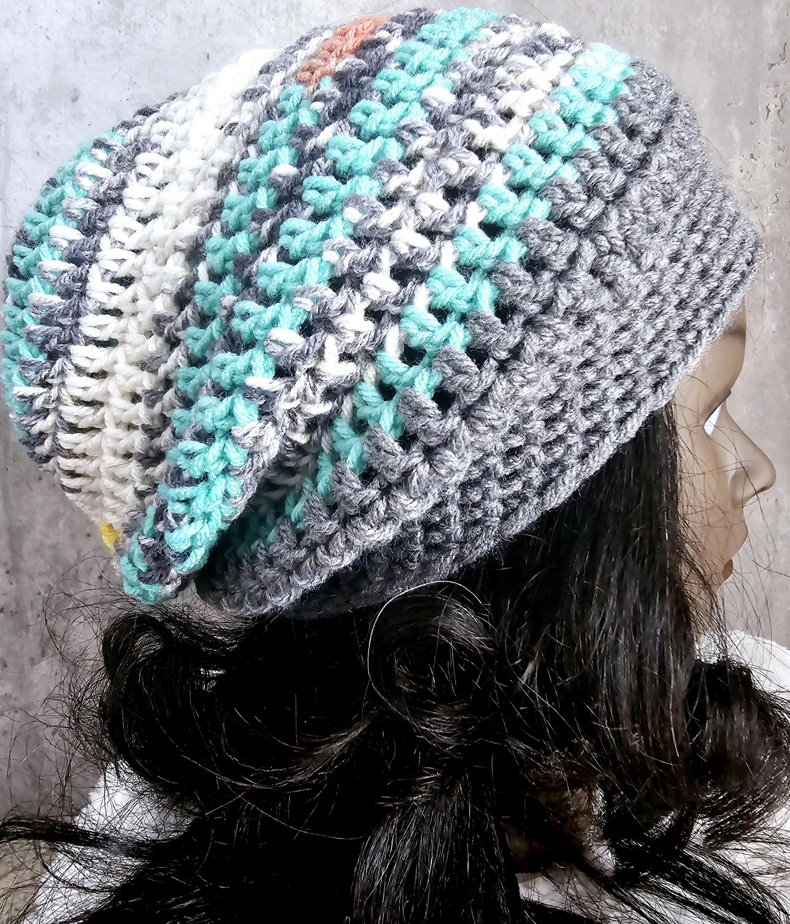Crochet Handmade Green And Teal Slouchy Beanie Crochet Slouch Beanie - Green, Teal and Black - Etsy main image 2