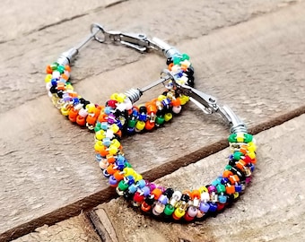 Rainbow Beaded Hoop Earrings: Boho Confetti Seed Bead Hoops
