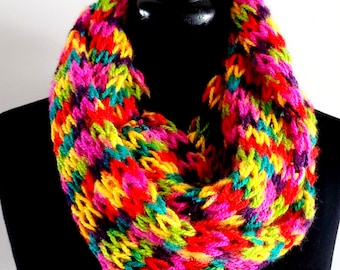 Rainbow Knit Infinity Scarf: Colorful Acrylic Yarn, Unisex Winter Scarf