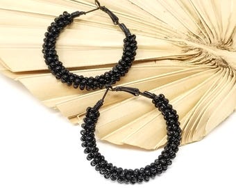 Black Beaded Hoop Earrings: Wire Wrapped Silver Plated Hoops