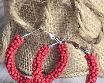 Crimson Red Seed Bead Boho Hoop Earrings