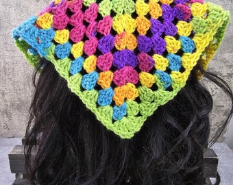 CottageCore Rainbow Crocheted Bandana, Cottage cor  Kerchief Scarf matching Hair Scrunchie, Multicolor Head Scarf, Boho Style Headscarf