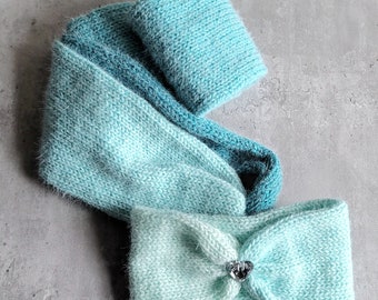 Teal White Infinity Knit Scarf, Plush Earwarmer, Lightweight Knit Scarf, Holiday Gift for Her, Infinity Scarf Heart Earwarmer Set,