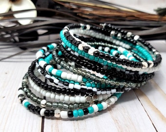 Turquoise Seed Bead Memory Wire Bangle Bracelet Set, Africa Inspired