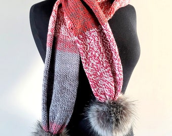 Gray & Red Double Knit Beanie with Matching Scarf: 100% Acrylic