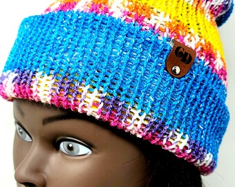 Knitted Classic Cuff Beanie, Fall Winter Rainbow Beanie, Knitted Faux Fur LPompom Beanie, Adult Knitted Beanie,  Slouchy Multicolor Beanie