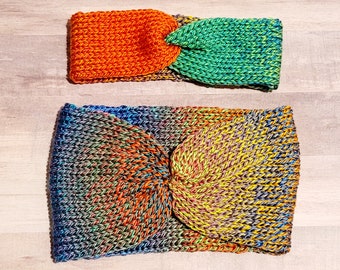Rainbow Knit Headband Scarf Set: Lightweight Acrylic Earwarmer with Pompoms