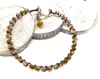 Chocolate Bronze Beaded Bangle Bracelet: Boho Art Deco Czech Glass